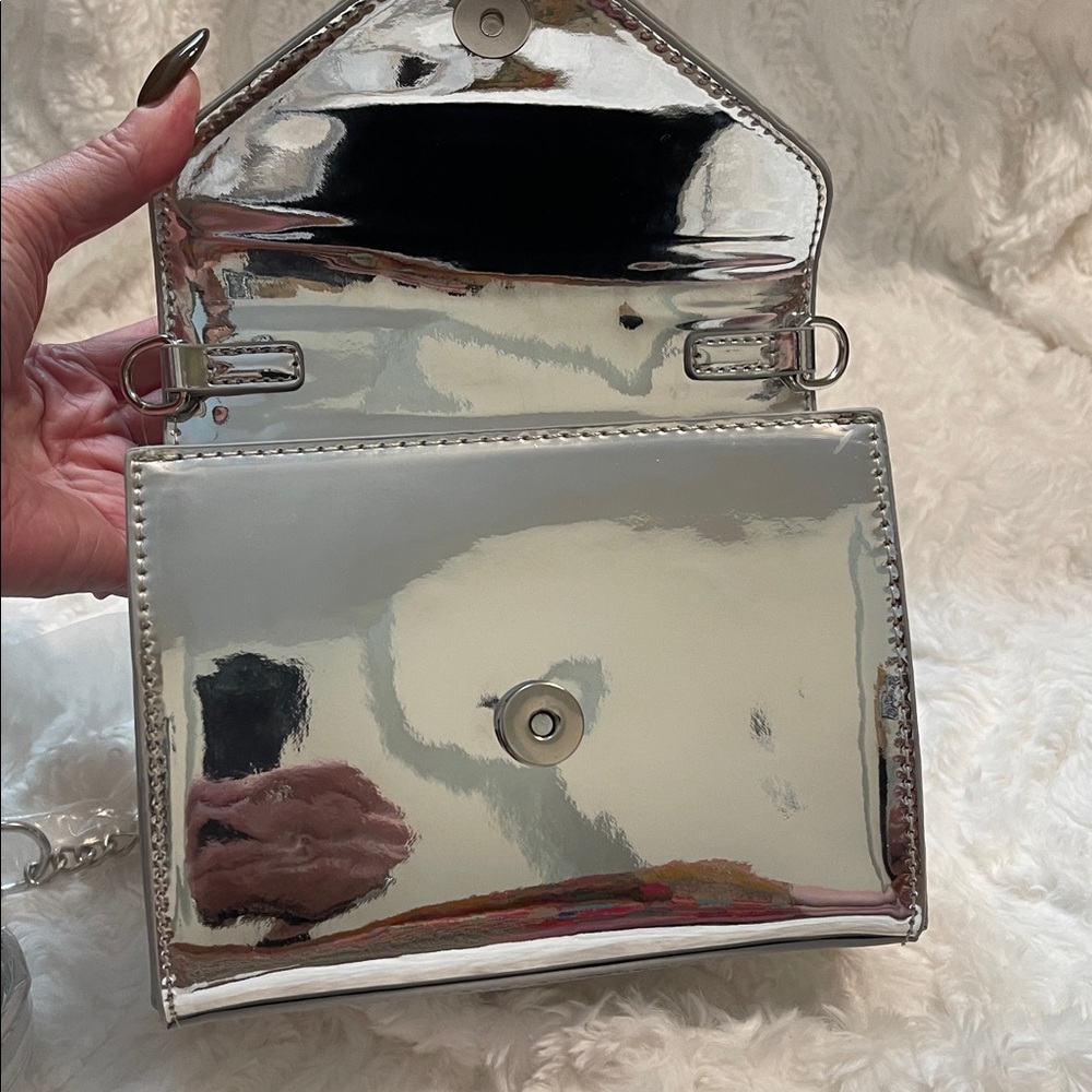 Shiny Metallic Silver Top-Handle Crossbody Bag - Picture 8 of 16